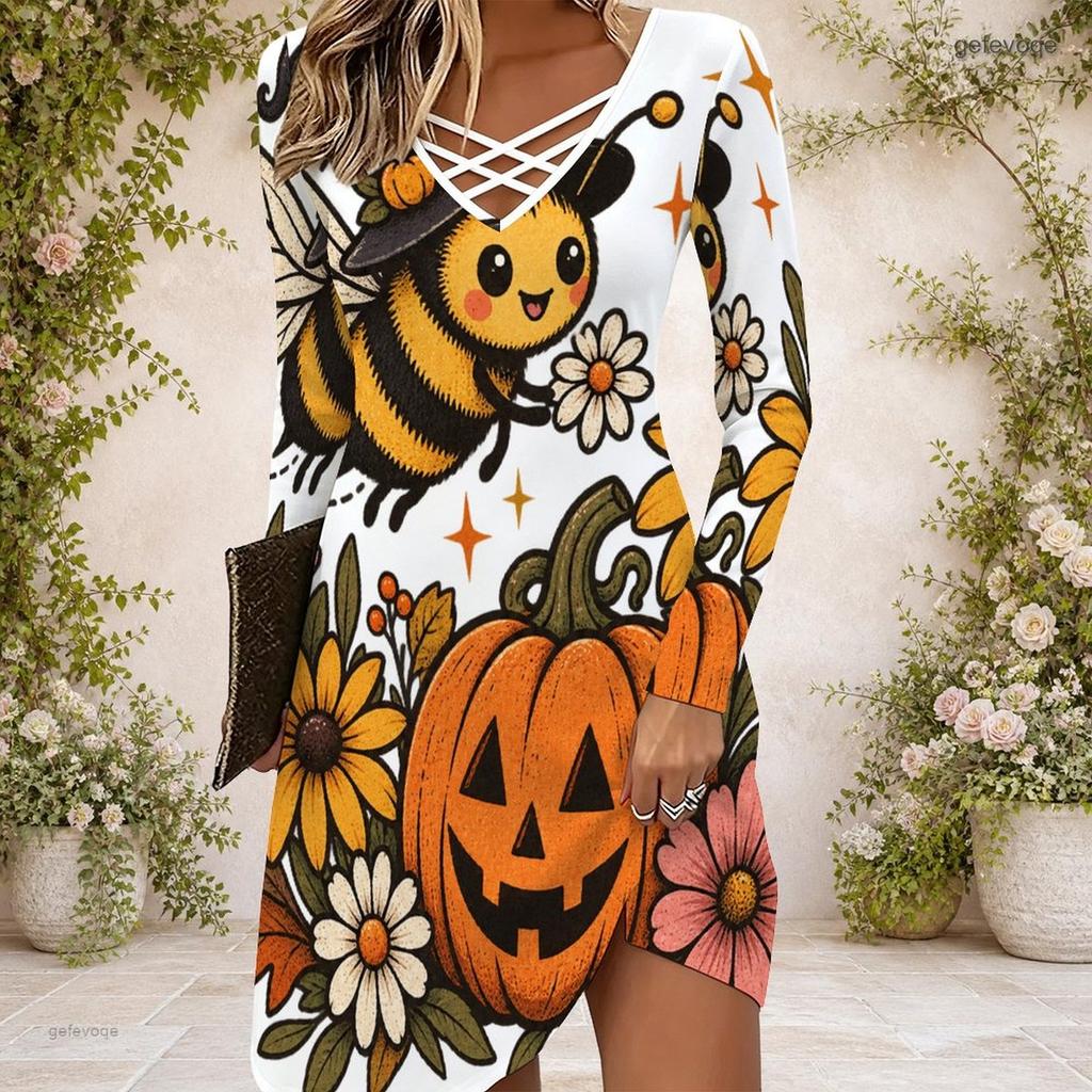 Women Criss Cross V Neck Long Sleeve Halloween Printed Curved Hem Dress