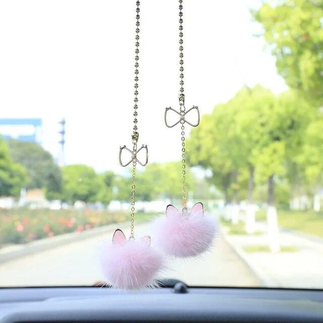 Cute Car Pendant Creative Letter Bow Cat Ears Mink Hair Ball Rearview Mirror Car Interior Pendant Ornaments Car Accessories