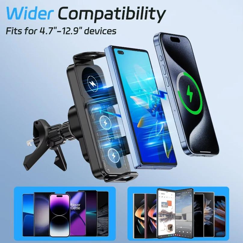 Dual Coil Fold Screen Car Fast Wireless Charger Stand Holder For  iPhone 16 15 14 Pro Max Samsung Galaxy Z Fold 6 5 4 S24 Ultra