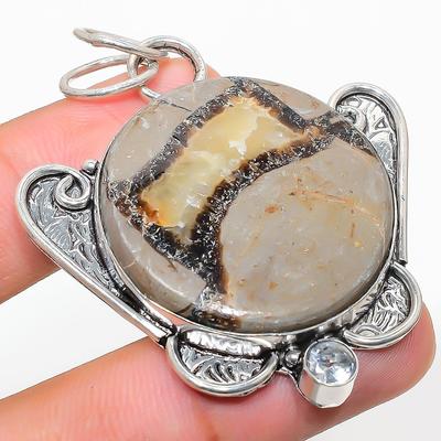 Natural Septerian Stone, White Topaz 925 Sterling Silver Pendant 2.21" w0Y58