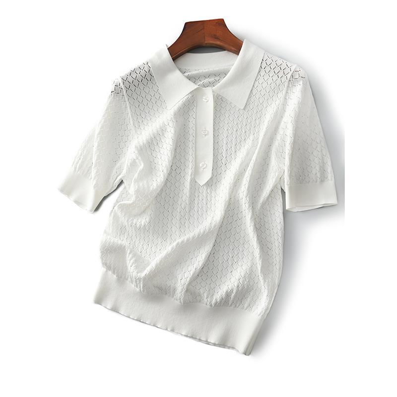Women's White POLO Collar Knitted T-shirt Summer Loose Ice Silk T-shirt Hollowed Out Knitted Top