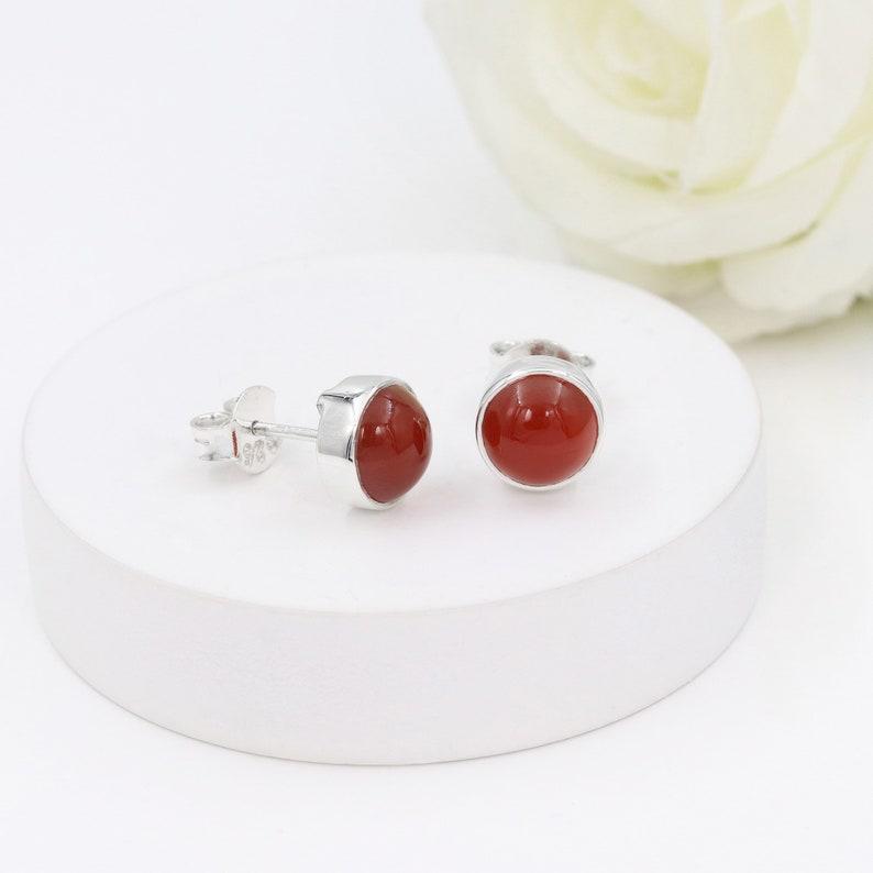 Solid 925 Sterling Silver Carnelian Gemstone Round Shape Stud Earring Tiny Stud Women Gift Jewelry