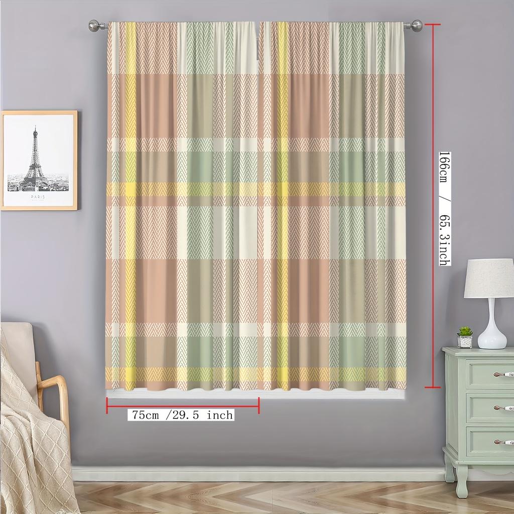 2pcs Home Decoration Curtains, Bed Sheets, Geometric Square Grid Art Decoration with Rod Pocket Curtains, Suitable for Kitchens,