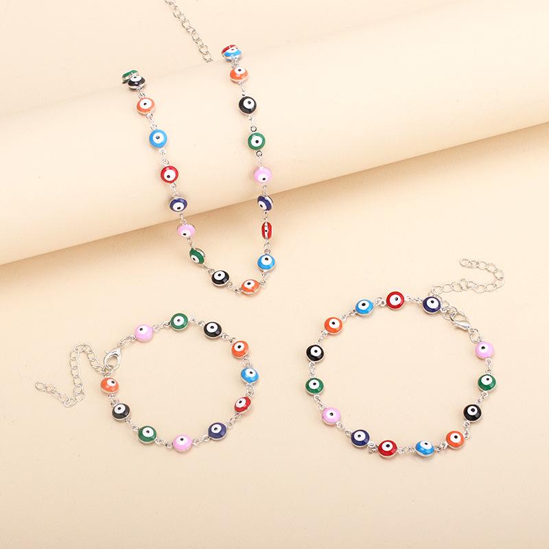 New Accessories, Bohemian Color Vintage Devil's Eye Necklace Bracelet Ankle Set