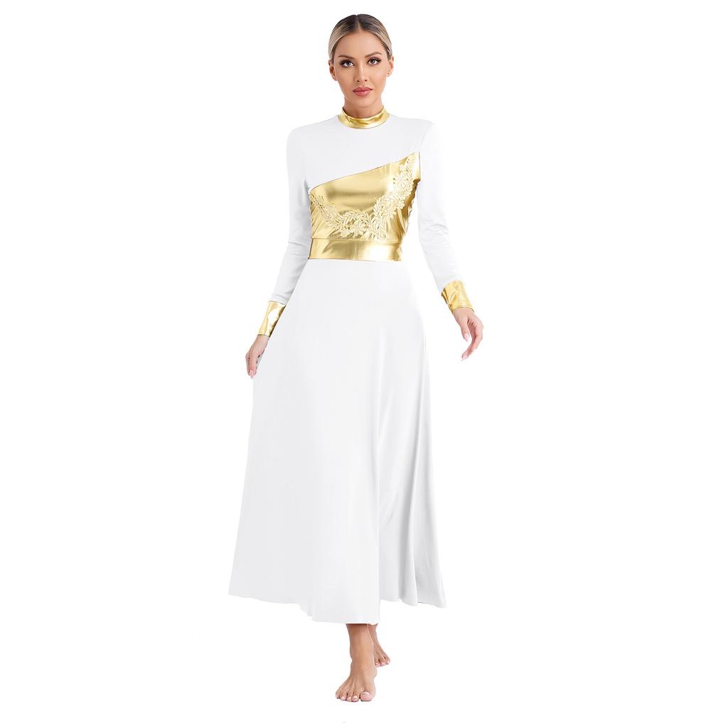 Womens Liturgical Praise Dance Dress Metallic Shiny Color Block Mock Neck Long Sleeve Applique Worship Costume