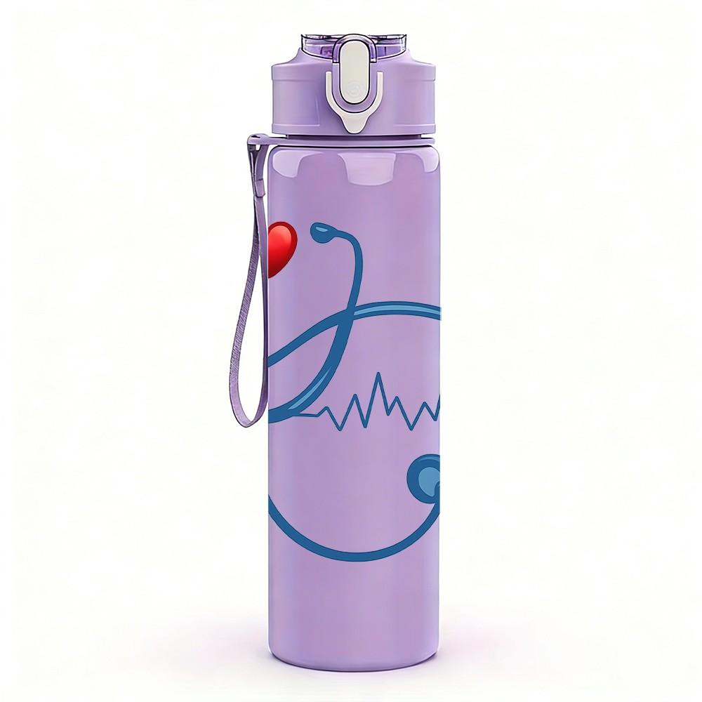 1PC Heart Stethoscope ECG Line Art 750ml Color Plastic Sports Water Bottle Leakproof Flip Straw Lid Suitable for Sports Office Home Use