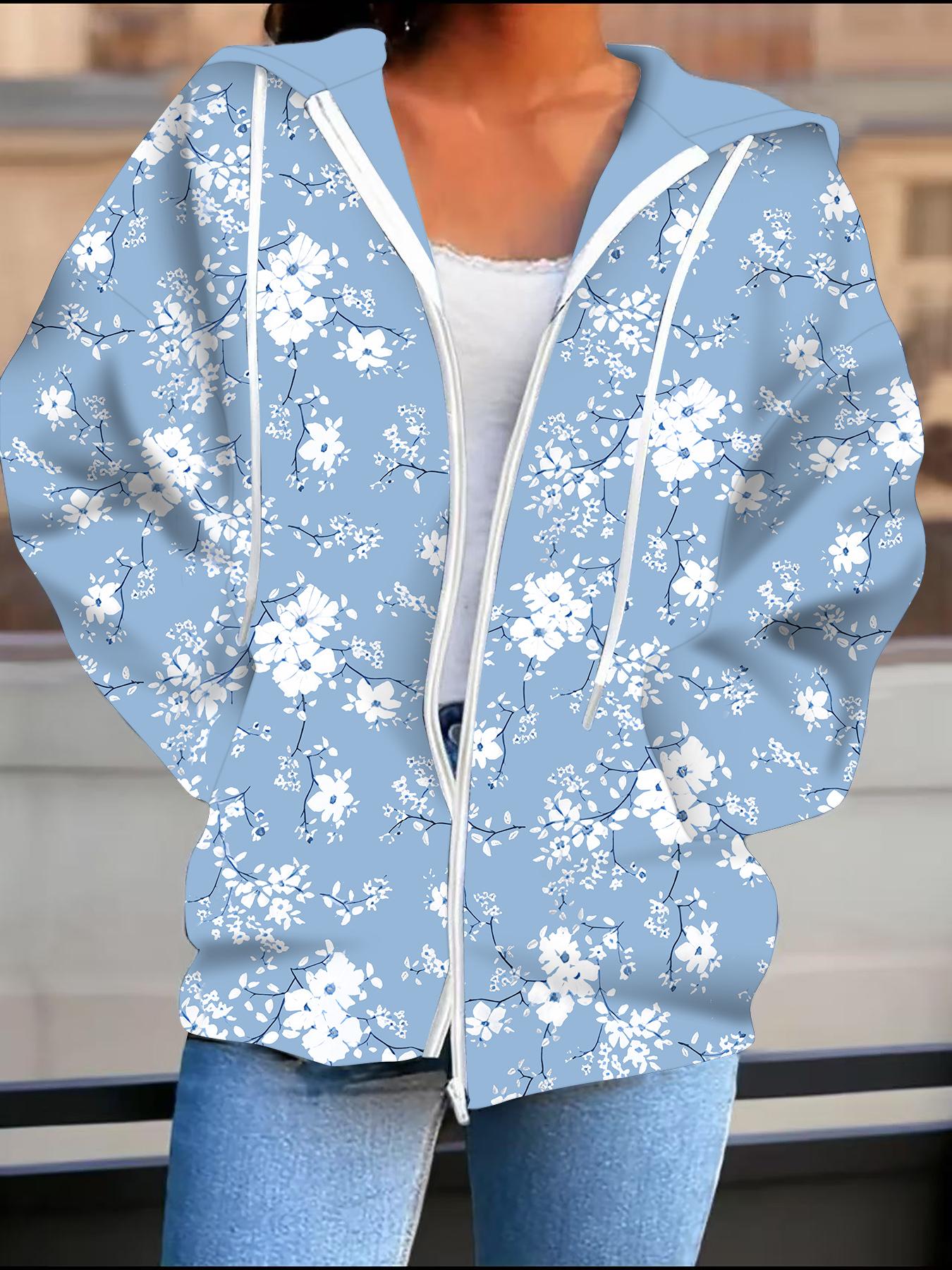 

Flower 3D Printed Hooded Cardigan Plus Size Autumn Winter Retro 1XL синий