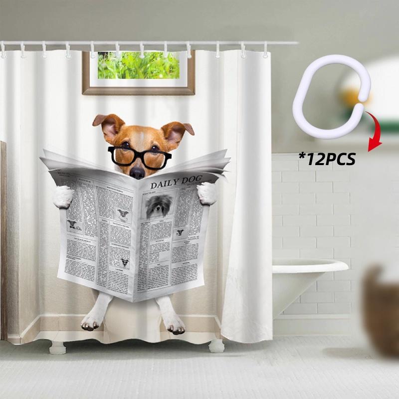 

Shower Bathroom Waterproof Curtain Polyester Fabric Dog Cat Printing 12 Hooks Newspaper,180* 180cm/70.87*70.87in