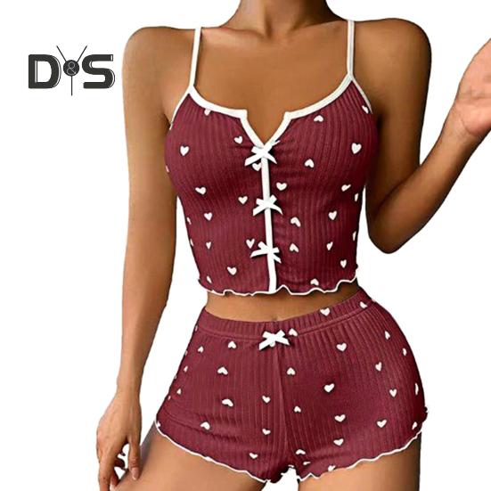 

2 шт./комплект, женская летняя пижама, костюм с принтом бабочки и сердца, без рукавов, с открытой спиной, топ с высокой талией, мини-шорты, повседневная ночная рубашка, облегающая одежда для сна M вино красного