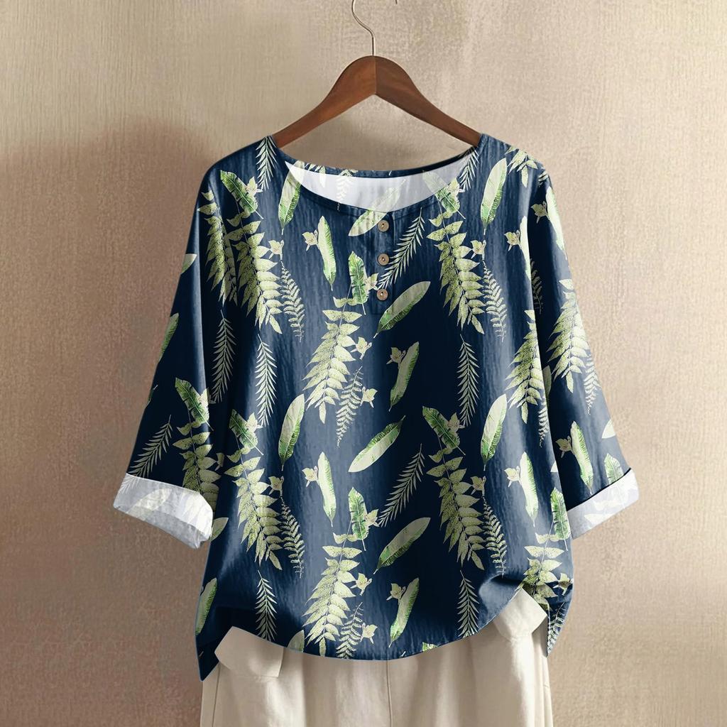 Women's Casual Three-quarter Sleeve Round Neck Gradient Color Printed Cotton And Linen Top