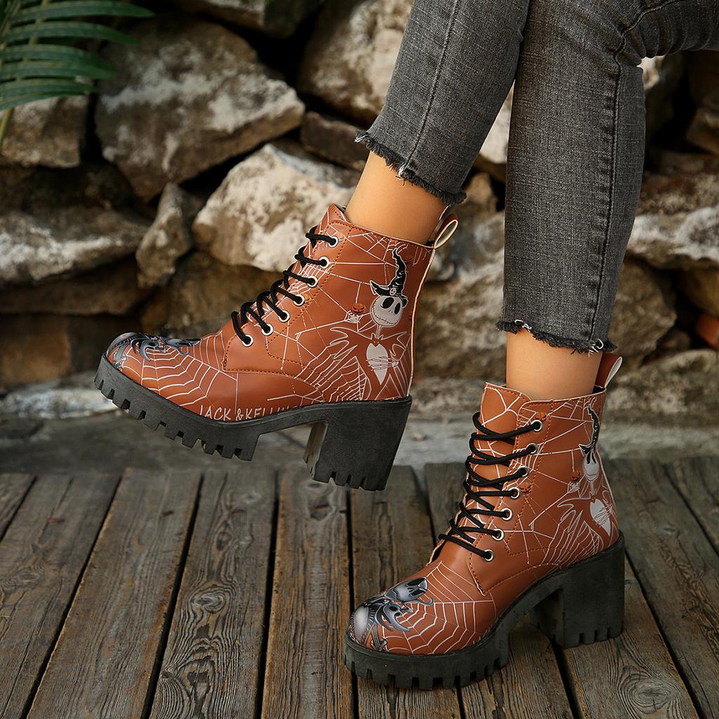 Halloween Platform Ankle Boots for Women Cartoon Skull Pumpkin Print Boots Woman Thick Bottom High Heel Lace Up Booties Ladies