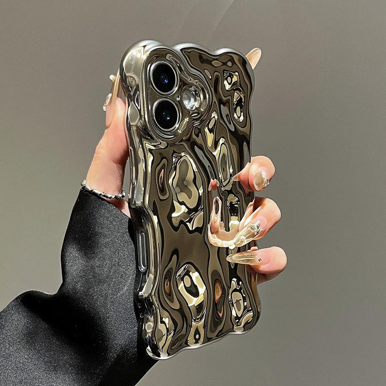 3D Glossy Wrinkle Plating Wave Border Phone Case for iPhone 17 Pro 16 15 Pro Max Plus 11 12 13 14 Meteorite Pattern Soft Cover