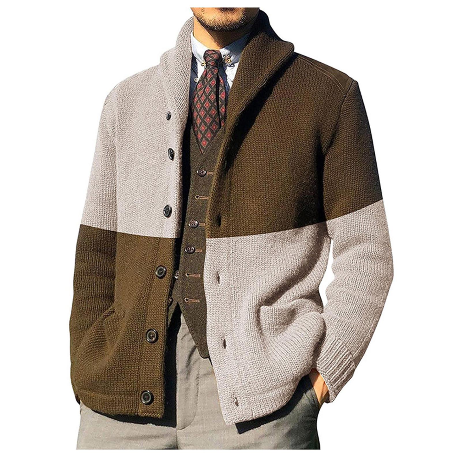 

Кардиганы, свитера для мужчин, повседневная шаль с длинным рукавом, цветные блоки, трикотажные свитера на пуговицах L бежевый