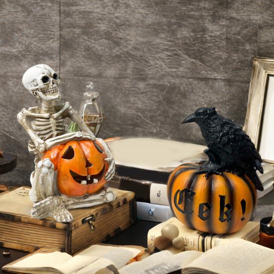 Halloween Skeleton Pumpkin Statue Spooky Pumpkin with Skull/Crow Sculpture Halloween Indoor Resin Ornament for Home Office Desk Decor