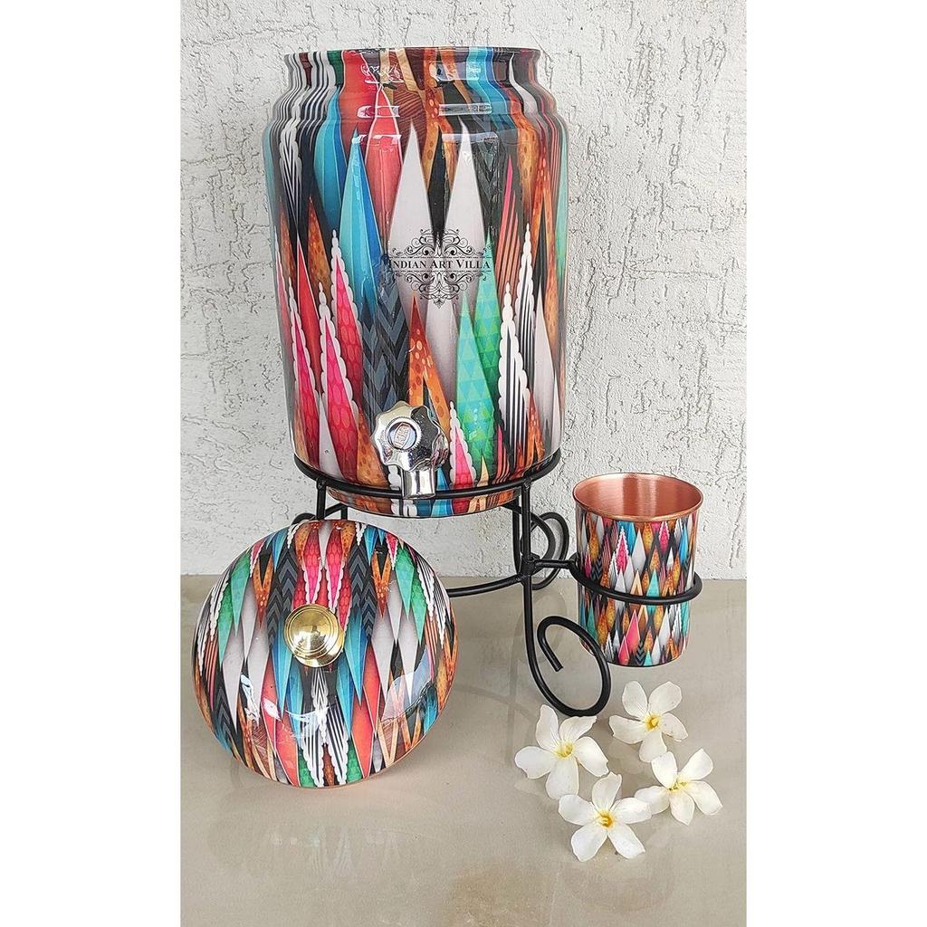 Reiner Kupfer Bunte Spikes Gedrucktes Design Wasserkrug Schwere Ausführung mit Messinghahn & Kupferglas & Ständer, Aufbewahrung & Servieren von Wasser, Volumen- 5 Liter