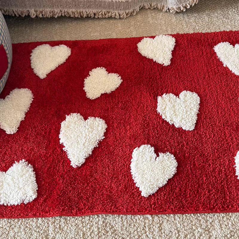 Korean Style Red Velvet Heart Shape Rug Non-Slip Absorbent Floor Mat Bedroom Bathroom Kitchen