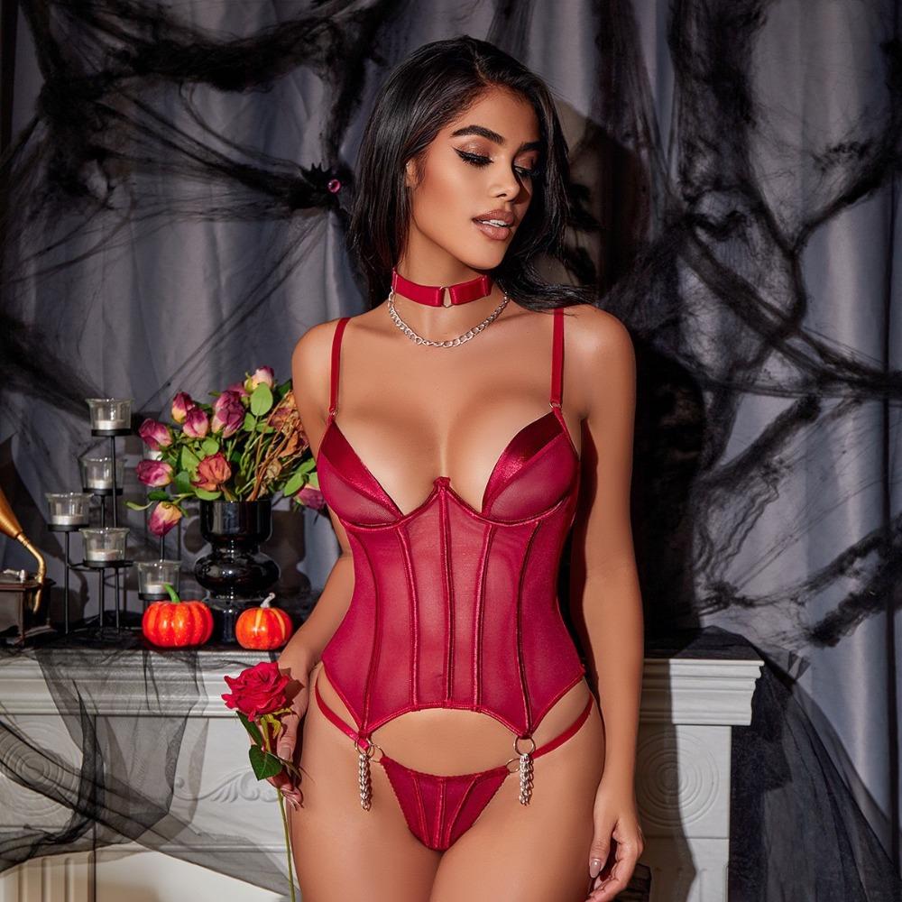 Cross-border Burgundy Satin Underwired Corset Garter Belt Lingerie Set for Women