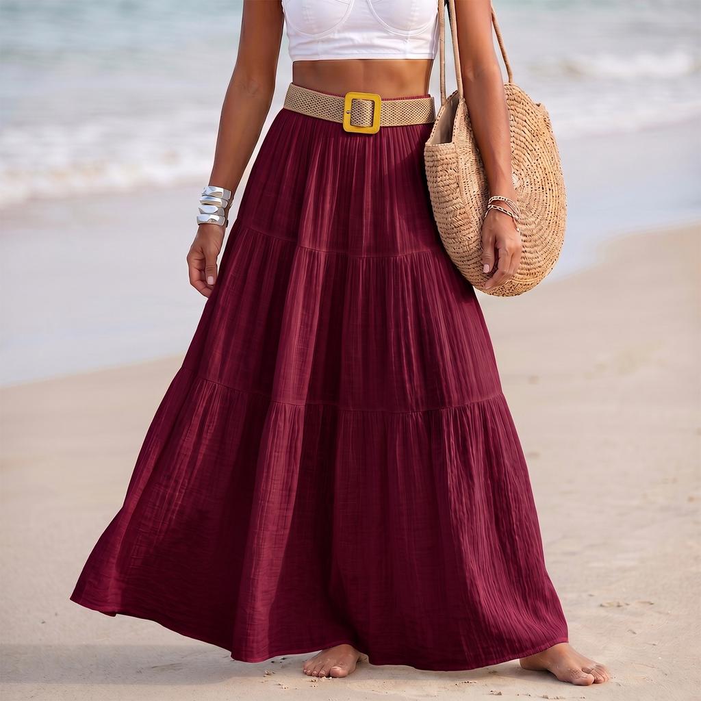 Women Fashion Solid Elastic Waist Patchwork Tiered Maxi Skirt Holiday Beach Linen Blend Casual Long Skirt with Belt