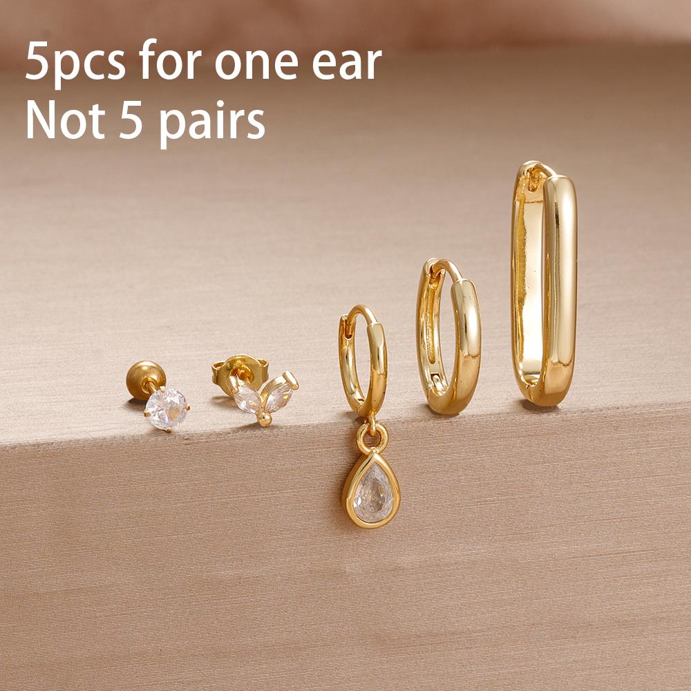 Набор из 5 сережек-колец минималистичных из нержавеющей стали со звездами и луной, маленькие серьги-хугги для хряща уха (helix, tragus, cartilage), женские украшения