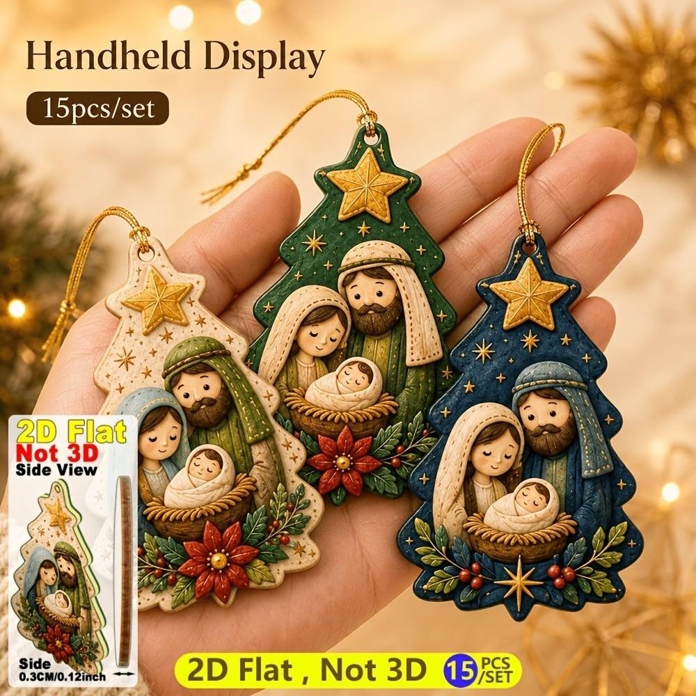 15 Stück 2D Flache Holz Krippenfiguren Ornamente Set Bemalte Religiöse Weihnachtsdekoration Weihnachts-Heimdekoration