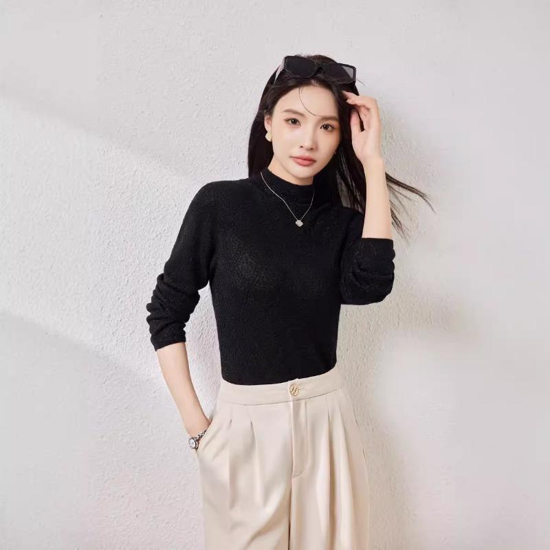 

Early autumn new semi-turtleneck pullover solid color wool sweater women s jacquard knitted sweater with thin bottom top 115 (90-57.5 kg) чёрный