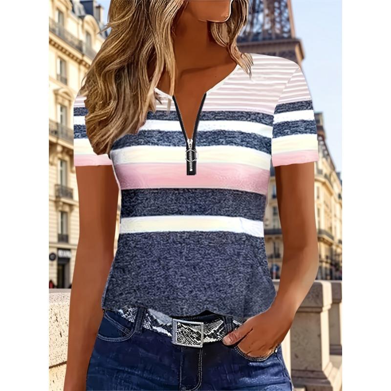 

Ladies Elegant Colorful Striped Printed Zipper Short Sleeve T-Shirt Fashion Top S