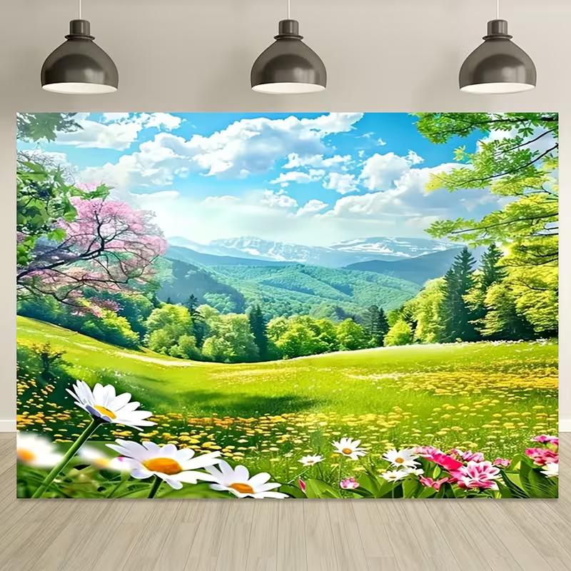 2D Bright Spring Backdrop with Lush Forests, Blue Sky and Wildflower Fields 47.2x31.5inch/120*80cm