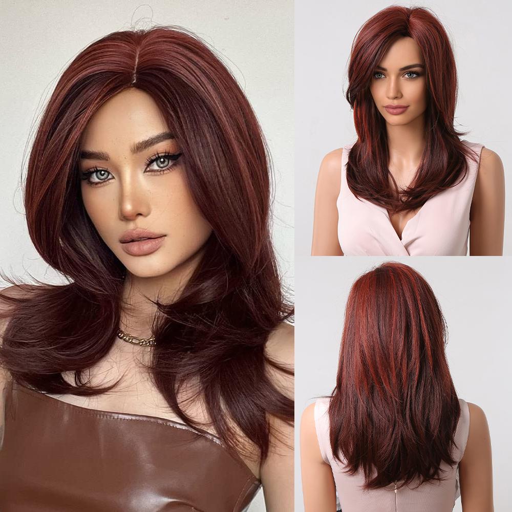 LOUIS FERRE Short Ash Brown Hair Wig for Women Synthetic Ombre Brown Straight Wigs With Bangs Shoulder Length Brown Natural Hair