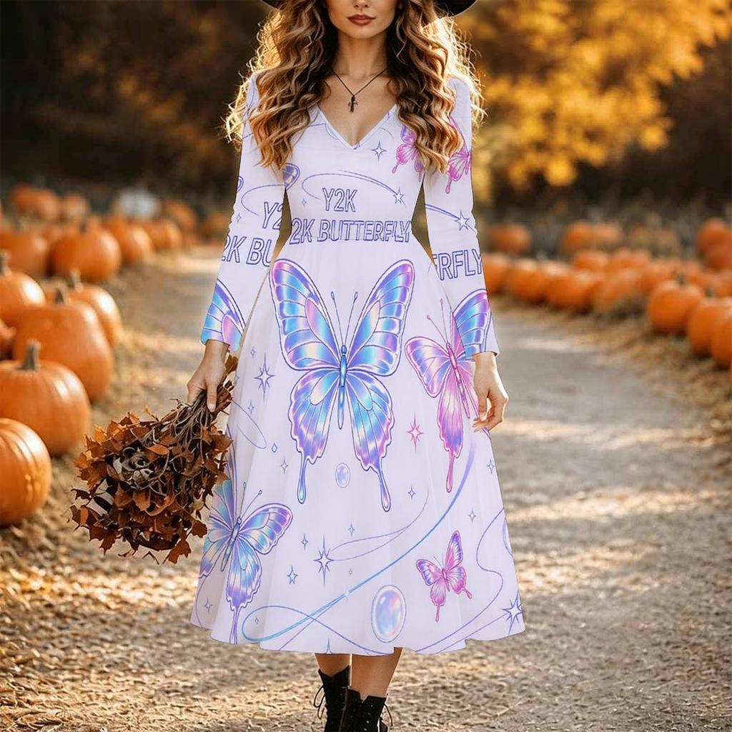 Halloween Women's Purple Gothic Print Midi Dress A Line Dress Vacation Casual Daily Regular Fit Long Sleeve V Neck Black Spring Fall