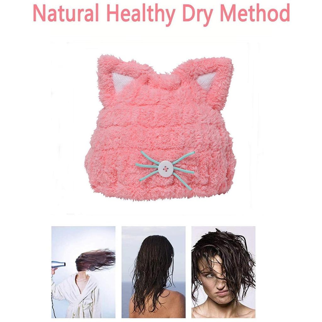 1pc Cute Cat Ear Hair Towel Cap for Women Quick Dry Super Absorbent Microfiber Turban with Feline Ears,Soft Plush Bathroom Accessory for All HairTypes