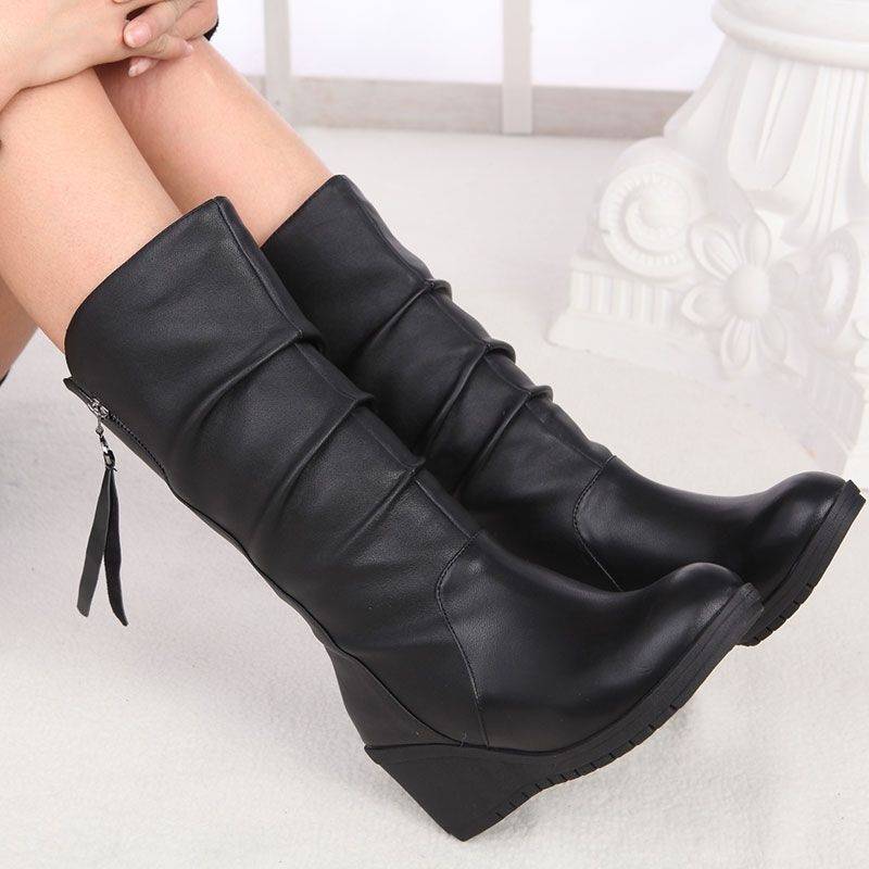 Fashion Black Round Toe Elegant Heeled Women's Half High Boots Autumn Winter Leather Comfortable Fashion 2025 Hot Ladies Mid Calf Shoes