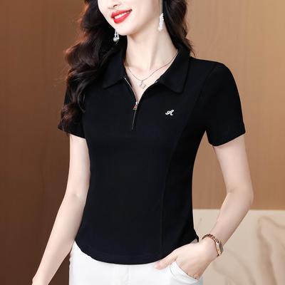 Dámské černé úzké tričko s polo límečkem, zapínáním na zip a krátkým rukávem, módní letní top 2025