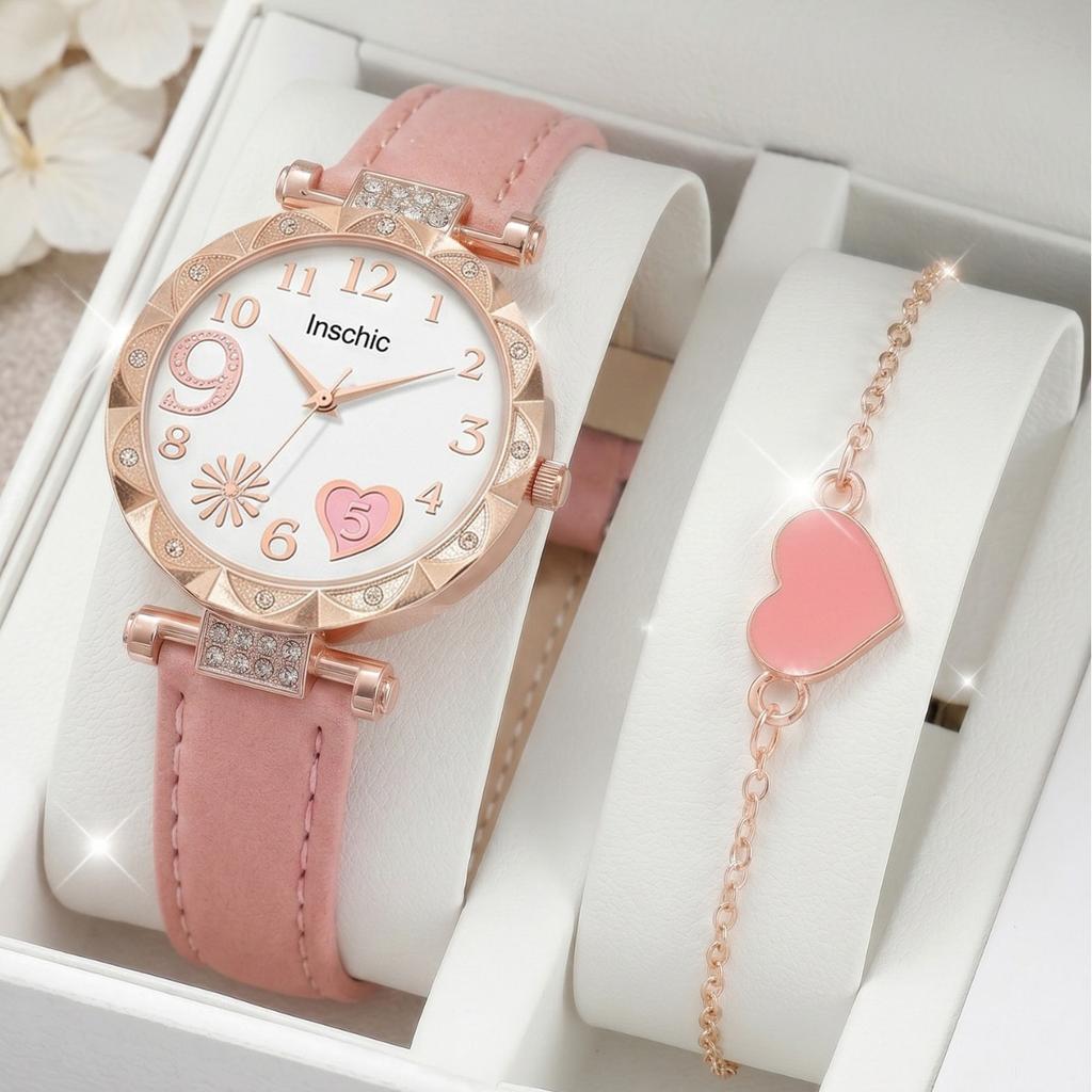 Light Luxury Women's Watch Set, Rose Gold Case with Diamond Bezel, Simple Casual Belt Watch