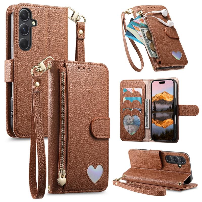 Zipper Style Flip Credit Card Case Pouch Bag for Samsung Galaxy A53/A54/A55/A56/A14/A15/A17/A16 Rope Phone Cover