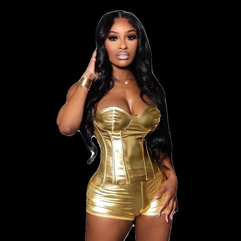 

Комплект шорт Мода 2023 Осень и Зима Искусственная кожа Металлик Формирующий фигуру Топ-труба Повседневные шорты Костюм-двойка Женская одежда Gold S