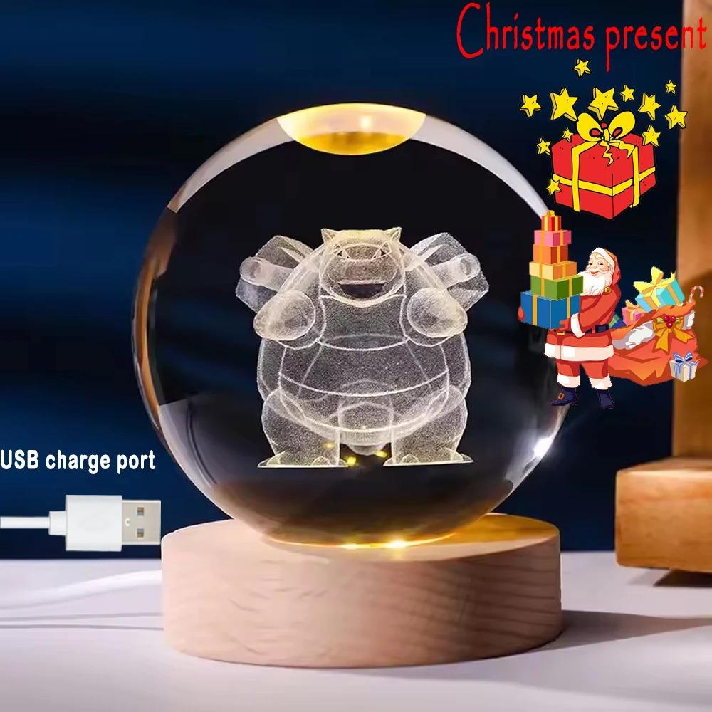 Hot 6cm 3D Crystal Ball Stitch Pikachu Wooden Base with 6cm Crystal Ball Planet Night Light Laser Carving Children's Gifts