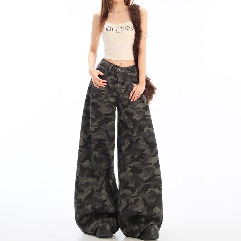 Q2523 Neutral Camo Wide-Leg Women's Jeans - Spring/Autumn New Arrival, Loose Fit, Floor-Length.