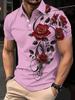 Trendy Rose Print Short Sleeve Polo Shirt, Casual Fashion Top For Men