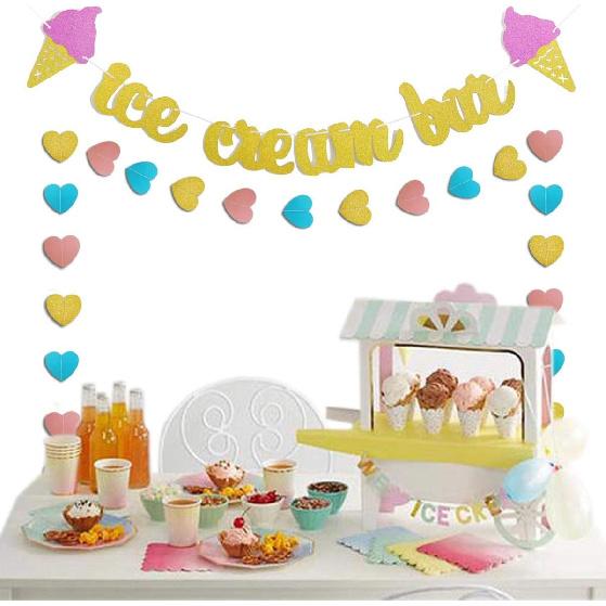 Gold Glittery Ice Cream Bar Sign Banner and Pink, Blue, Gold Heart Paper Garland for Birthday, Summer Theme Party, Baby Shower, Wedding Decorations -