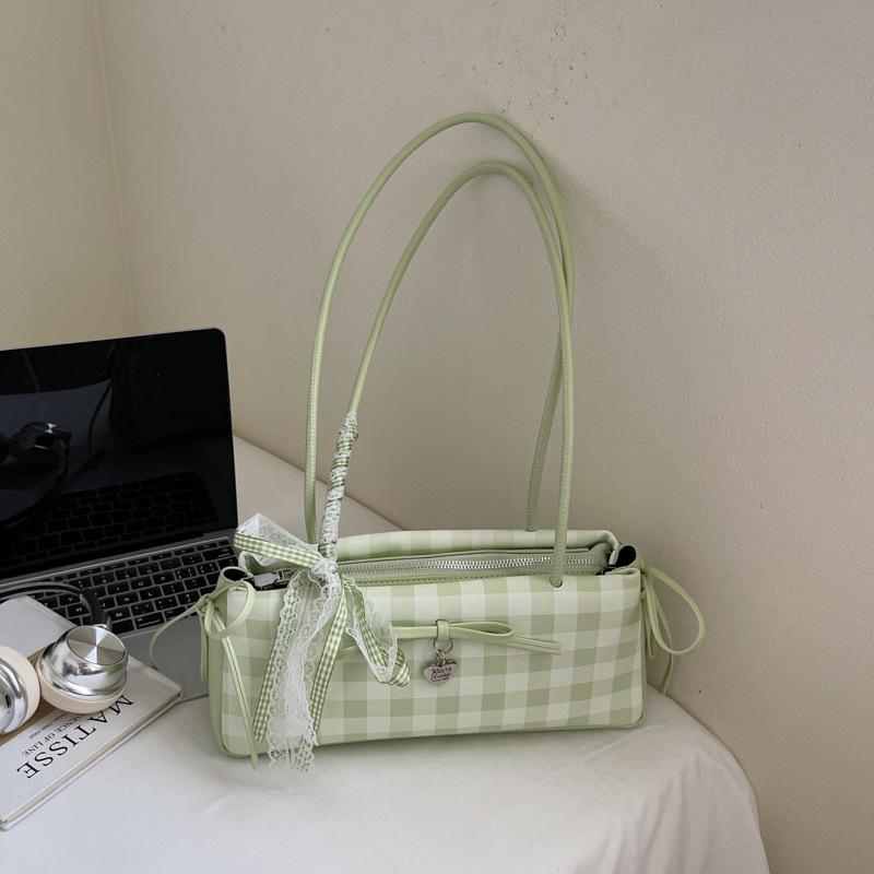 Sweet Bow Lace Ribbon Women Shoulder Bags Plaid Elegant Ladies Underarm Pillow Bag Large Capacity Portable Girls Phone Handbags