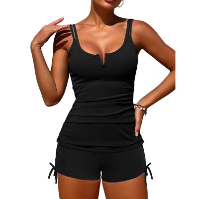 Costumi da Bagno Tankini da Donna con Filo a V Controllo Pancia Top Arricciato Due Pezzi con Pantaloncini a Vita Alta