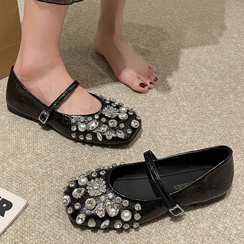 Women's Summer Fashion Luxury Diamond Mary Jane Sandals Women's Square Toe Designer Flat Shoes Diamond Shining Women's Sandals