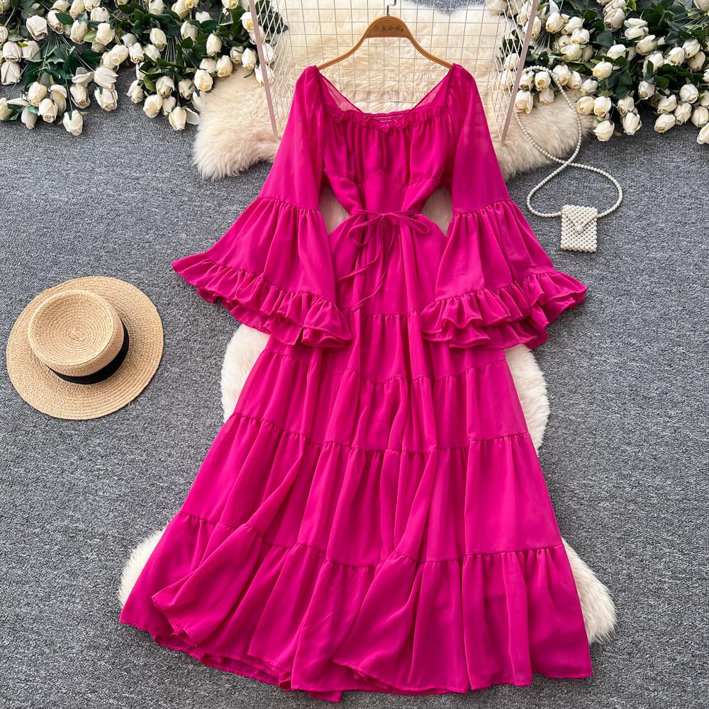 French gentle wind square collar strap lantern sleeve dress women's spring pure desire wind waist thin temperament long dress