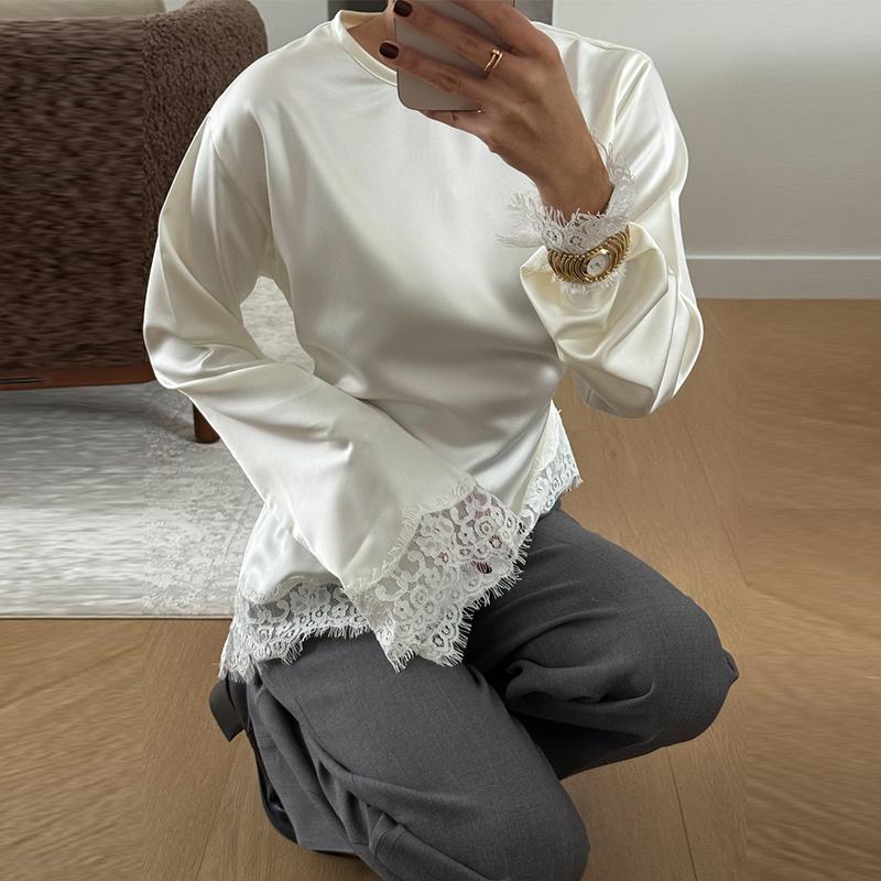 Casual Lace Patchwork Lace-up Tops Women's Slim Belted Waist-cinching Round Neck Pullovers 2026 New Ladies Spring Solid Outwear