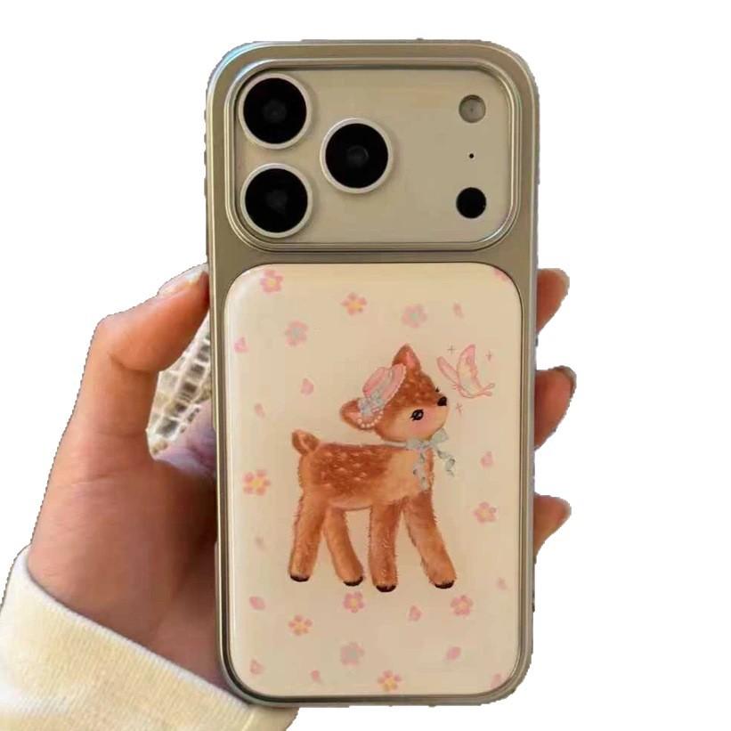 Ins Korean Pink Flower Deer Is Suitable for Apple 16/17Promax Mobile Phone Case IP15 Epoxy Water Condensation 14 Cute 13