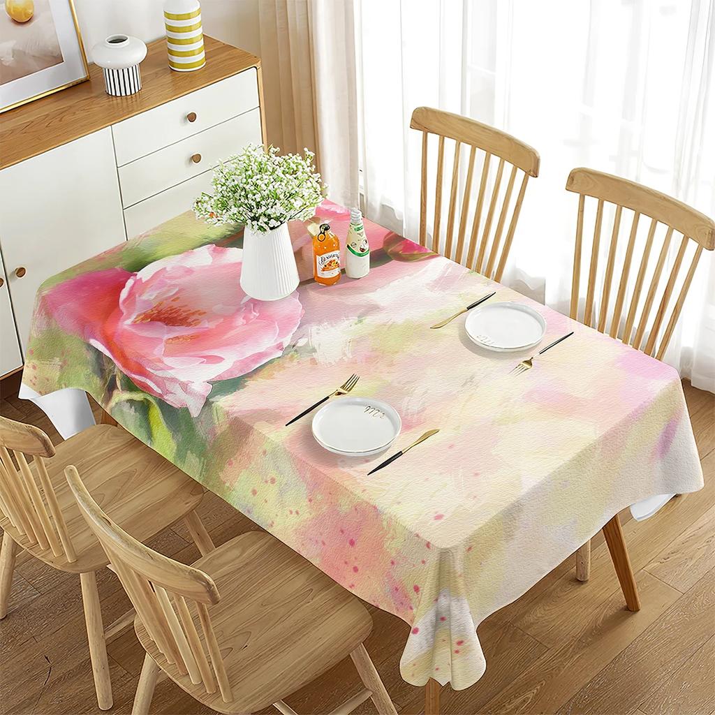 3D Flowers Rose Tree Tablecloth Watercolor Art Drawing Rectangle Table Cover for Living Room Dining Room Coffee Table Decor