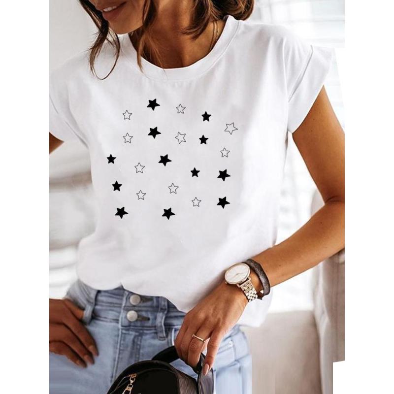 Women's Round Neck Printed T-Shirt Loose Casual Office Short Sleeve