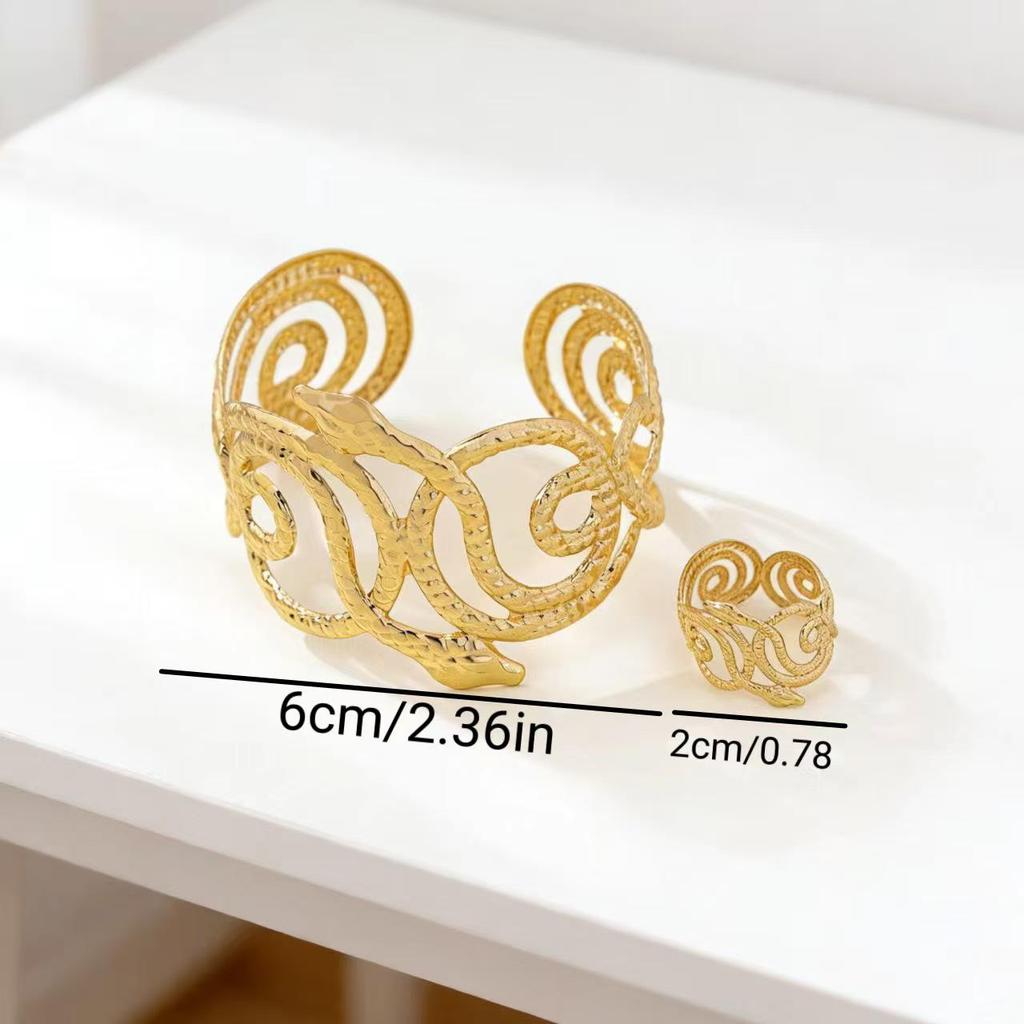Gold Textured Adjustable Snake-Shaped Bracelet & Ring Set with Personalized Design