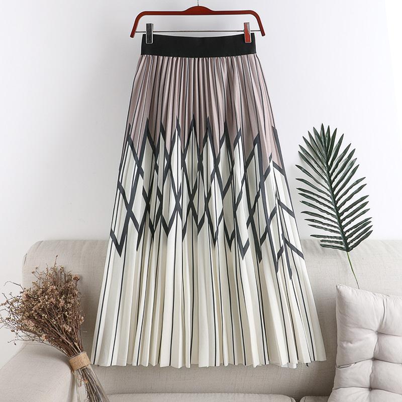 Qooth Spring Summer Women Casual Midi Skirts Rhombus Printing Patchwork Skirt High-waisted A-line Skirt