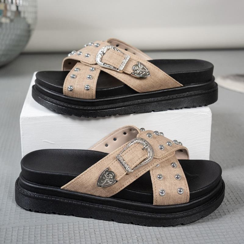 New buckle cool slippers beach rivet slippers cross summer fashion casual outerwear women's thick bottom